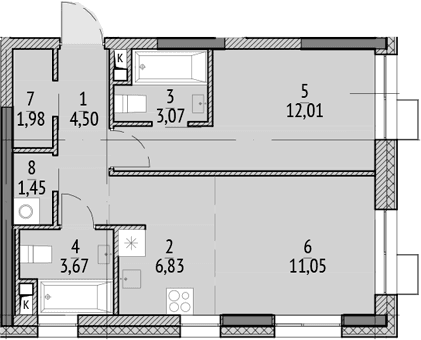 Планировка: Евродвушка 44,6 м² в ЖК «N'ICE LOFT»
