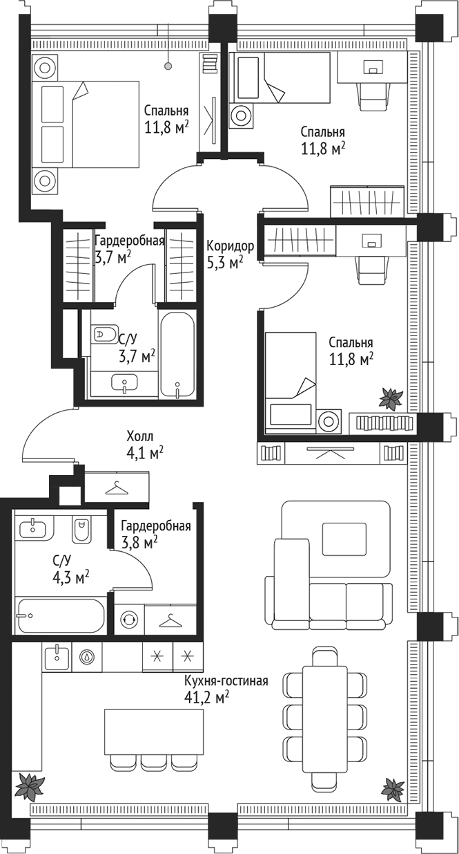 Планировка: Квартира евро-4 101,5 м² в ЖК «СЕТ»