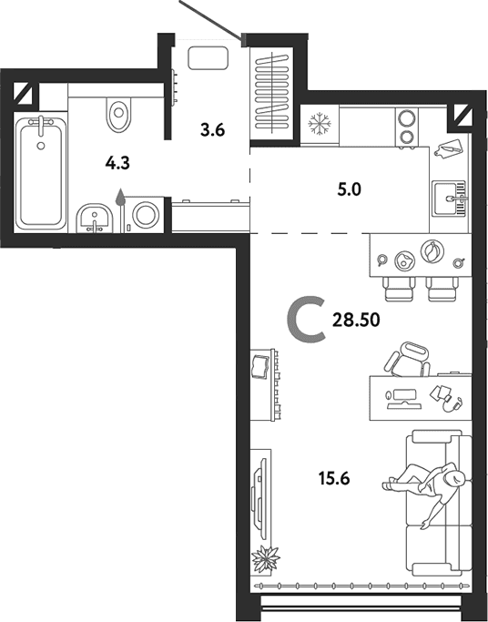 Планировка: Студия 28,5 м² в ЖК «Страна.Озерная»