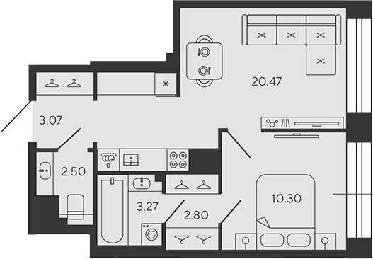 Планировка: Евродвушка 42,4 м² в ЖК «BASHNI ELEMENT»