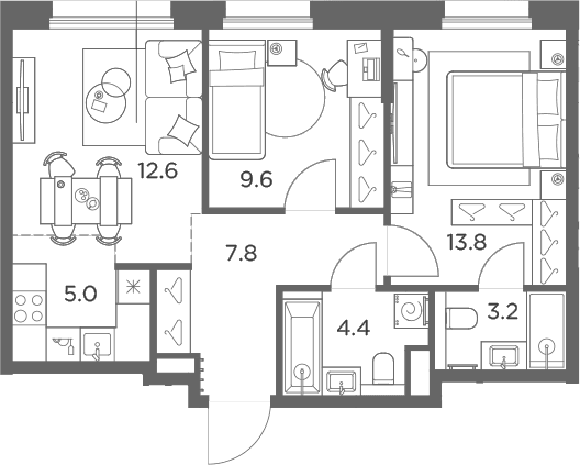 Планировка: Евротрёшка 56,4 м² в ЖК «Станиславский»