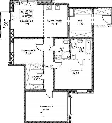 Планировка: Квартира евро-4 96,3 м² в ЖК «ЭВОПАРК Сокольники»