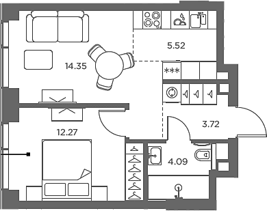 Планировка: Евродвушка 40 м² в ЖК «TATE»