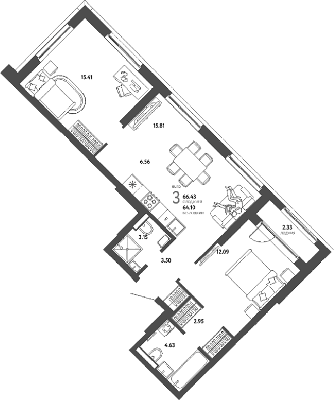 Планировка: Евротрёшка 64,1 м² в ЖК «Страна.Парковая»