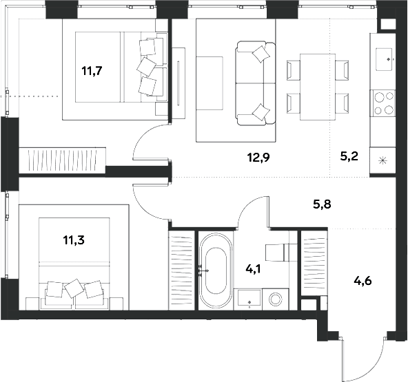 Планировка: Евротрёшка 55,6 м² в ЖК «АЛИА»