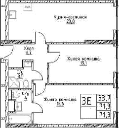 Планировка: Евротрёшка 71,3 м² в ЖК «Наметкин Тауэр»