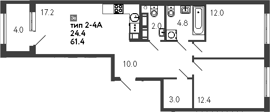 Планировка: Евротрёшка 61,4 м² в ЖК «Струны»
