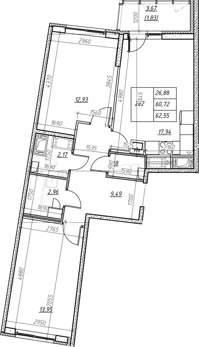 Планировка: Евротрёшка 60,7 м² в ЖК «Левитан»