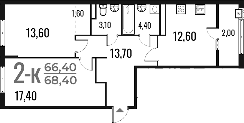 Планировка: 2-комнатная квартира 66,4 м² в ЖК «Новое Летово»