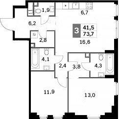 Планировка: Евротрёшка 73,7 м² в ЖК «Сидней Сити»