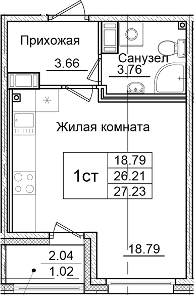 Планировка: Студия 26,2 м² в ЖК «Квартал Заречье»
