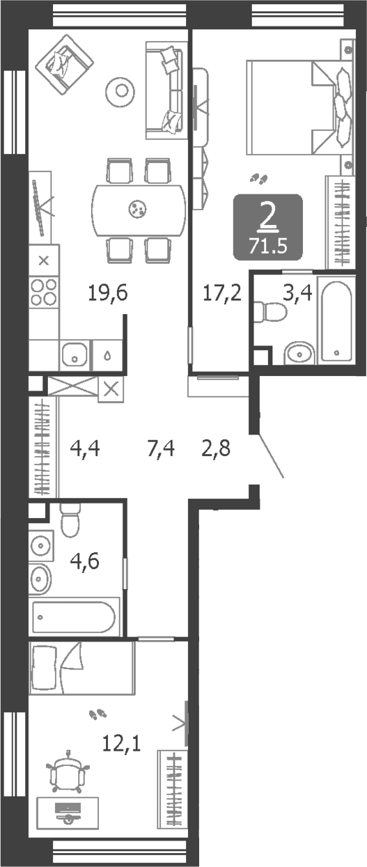 Планировка: Евротрёшка 71,5 м² в ЖК «Шагал»