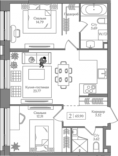 Планировка: Евротрёшка 65,9 м² в ЖК «Преображенская площадь»