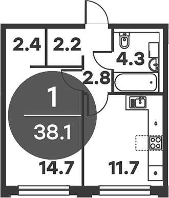 Планировка: 1-комнатная квартира 38,1 м² в ЖК «Равновесие»