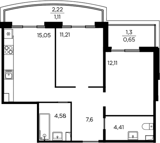 Планировка: Евротрёшка 55 м² в ЖК «Респект»