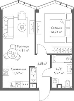 Планировка: Евродвушка 44 м² в ЖК «МИРА»