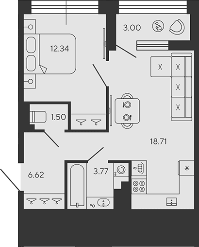 Планировка: Евродвушка 42,9 м² в ЖК «BASHNI ELEMENT»