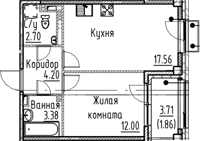 Планировка: Евродвушка 39,8 м² в ЖК «Кронфорт»