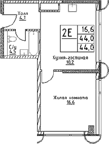 Планировка: Евродвушка 44 м² в ЖК «Наметкин Тауэр»