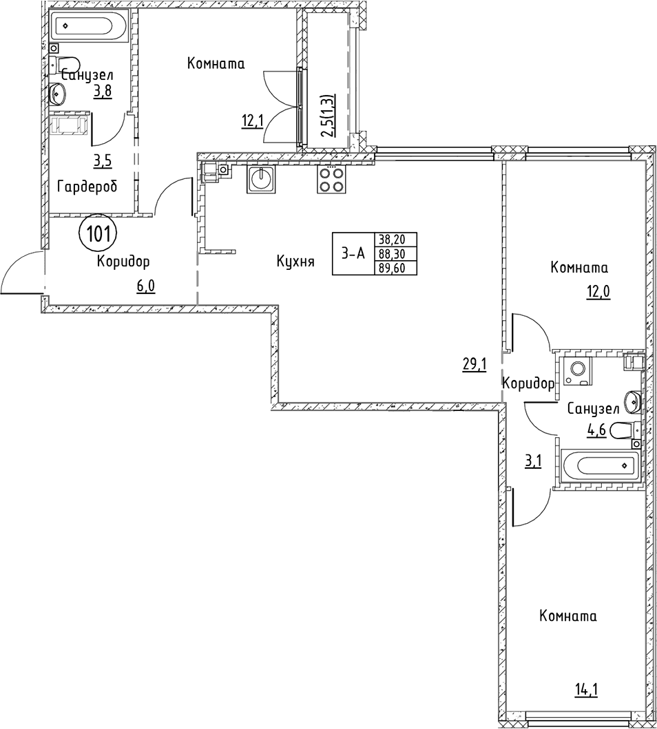 Планировка: Квартира евро-4 88,3 м² в ЖК «Кронунг Юг»