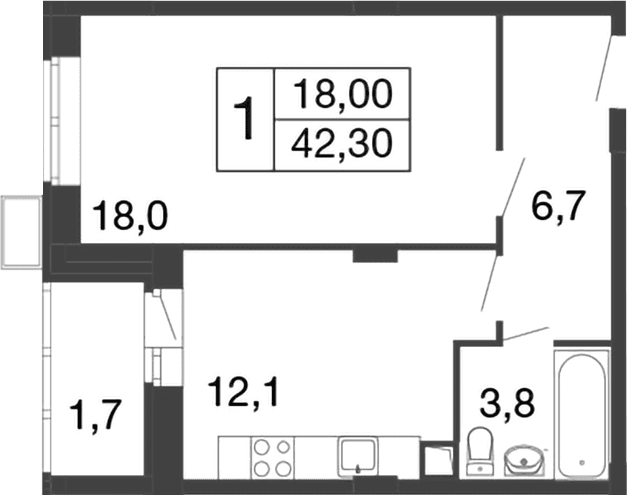 Планировка: 1-комнатная квартира 40,6 м² в ЖК «Времена года»