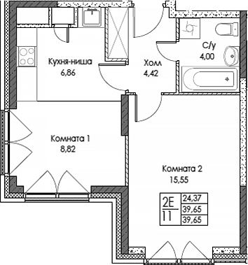 Планировка: Евродвушка 39,7 м² в ЖК «ЭВОПАРК Сокольники»