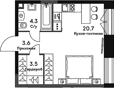 Планировка: Студия 32,1 м² в ЖК «ЭРА»