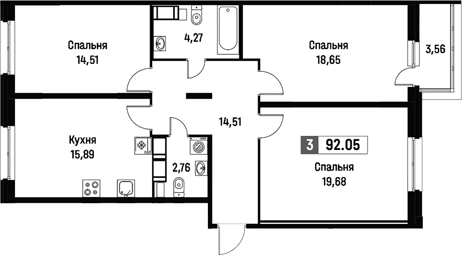 Планировка: Квартира евро-4 90,3 м² в ЖК «Фотограф»