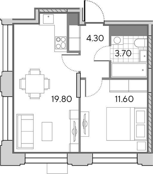 Планировка: Евродвушка 39,4 м² в ЖК «Вейв»