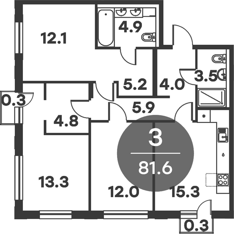 Планировка: 3-комнатная квартира 81 м² в ЖК «Равновесие»