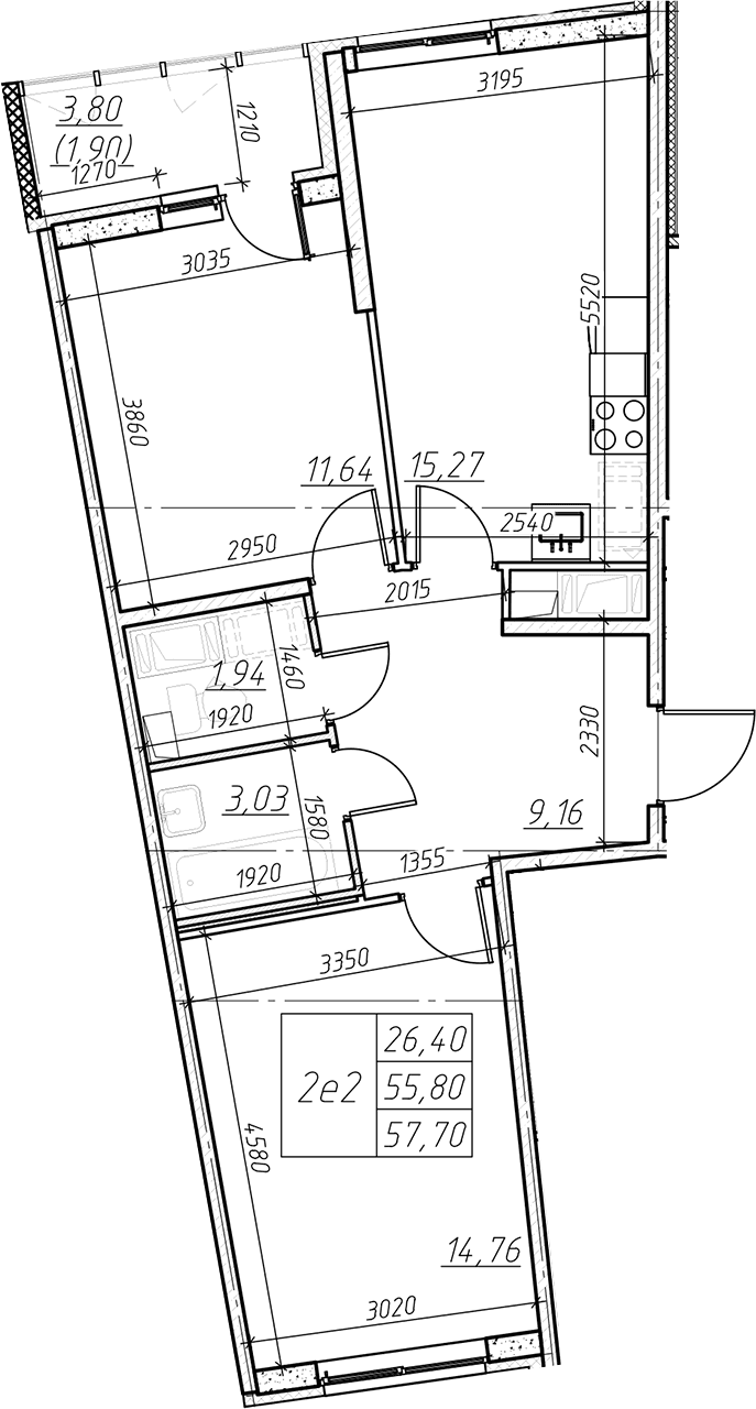 Планировка: Евротрёшка 55,8 м² в ЖК «Левитан»