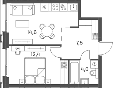 Планировка: Евродвушка 38,5 м² в ЖК «Портленд»