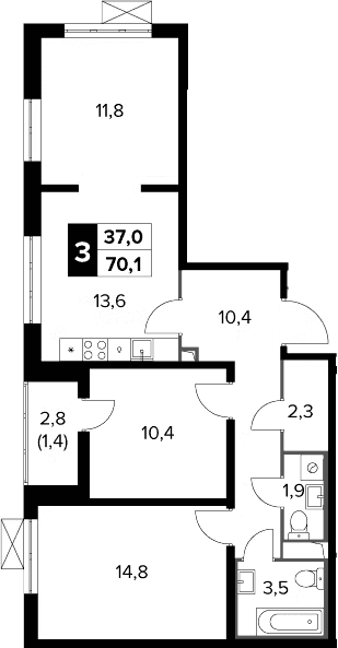 Планировка: Евротрёшка 68,7 м² в ЖК «Южная Битца»
