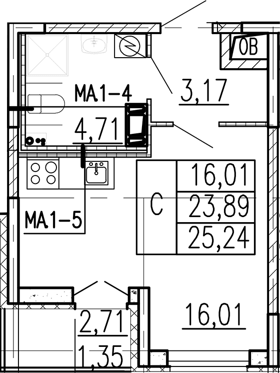 Планировка: Студия 23,9 м² в ЖК «Высота. Бугры»