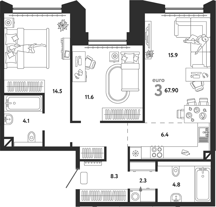 Планировка: Евротрёшка 67,9 м² в ЖК «Страна.Озерная»