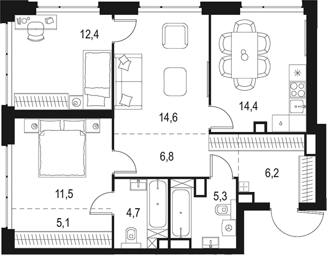 Планировка: 3-комнатная квартира 81 м² в ЖК «Левел Мичуринский»