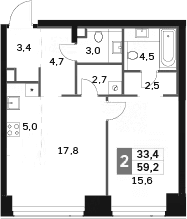 Планировка: Евродвушка 59,2 м² в ЖК «Амбер Сити»