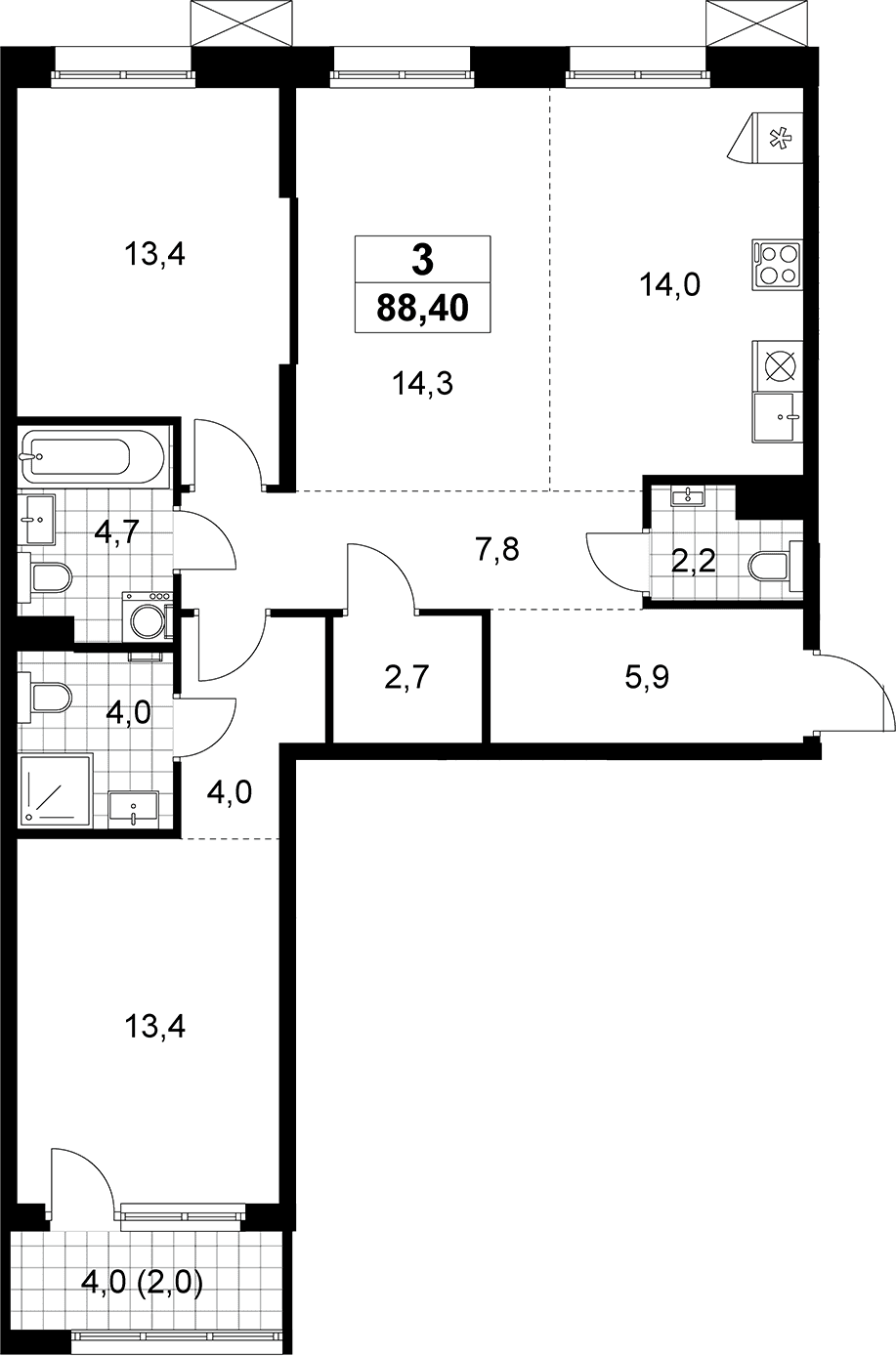 Планировка: Евротрёшка 86,4 м² в ЖК «Дзен-кварталы»
