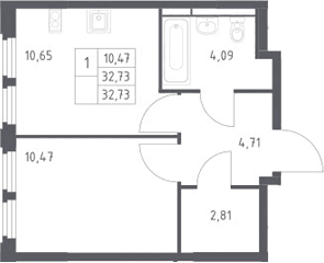 Планировка: 1-комнатная квартира 32,7 м² в ЖК «Космический Квартал»