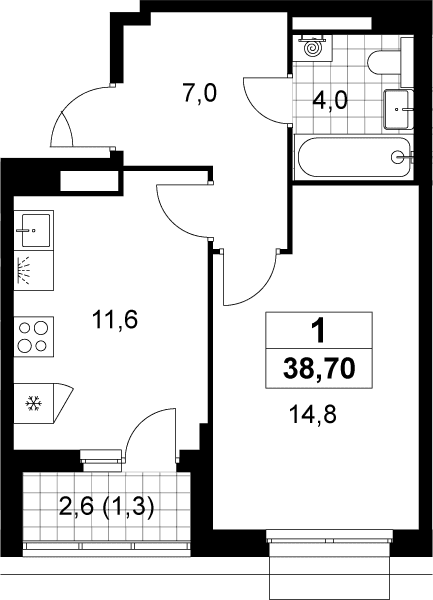 Планировка: 1-комнатная квартира 37,4 м² в ЖК «Деснаречье»