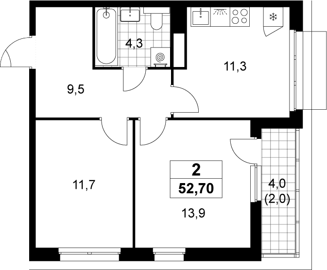 Планировка: 2-комнатная квартира 50,7 м² в ЖК «Деснаречье»