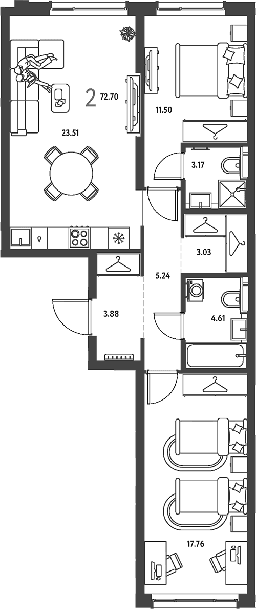 Планировка: 2-комнатная квартира 72,7 м² в ЖК «Страна.Парковая»