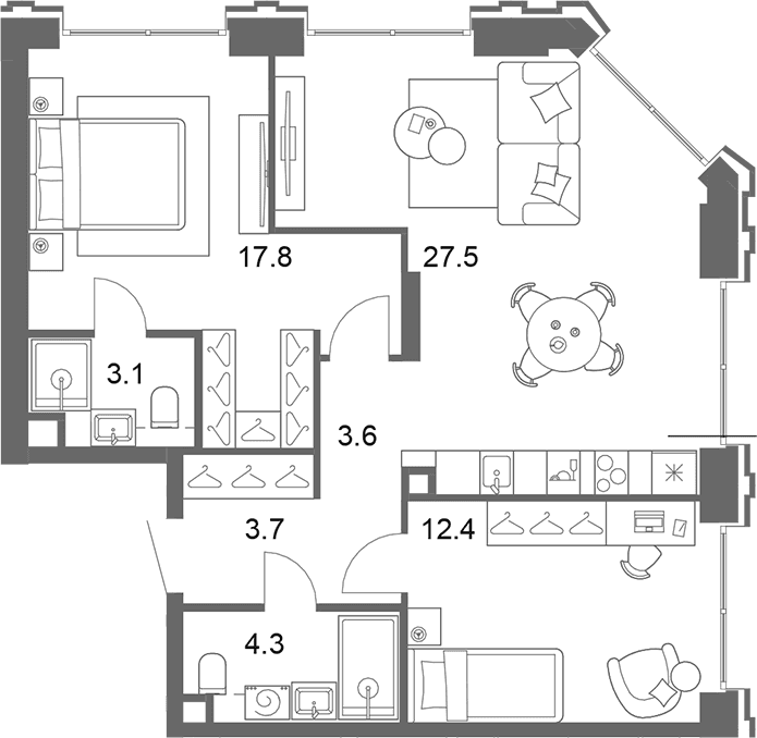 Планировка: Евротрёшка 72,4 м² в ЖК «ОМ Ботанический»