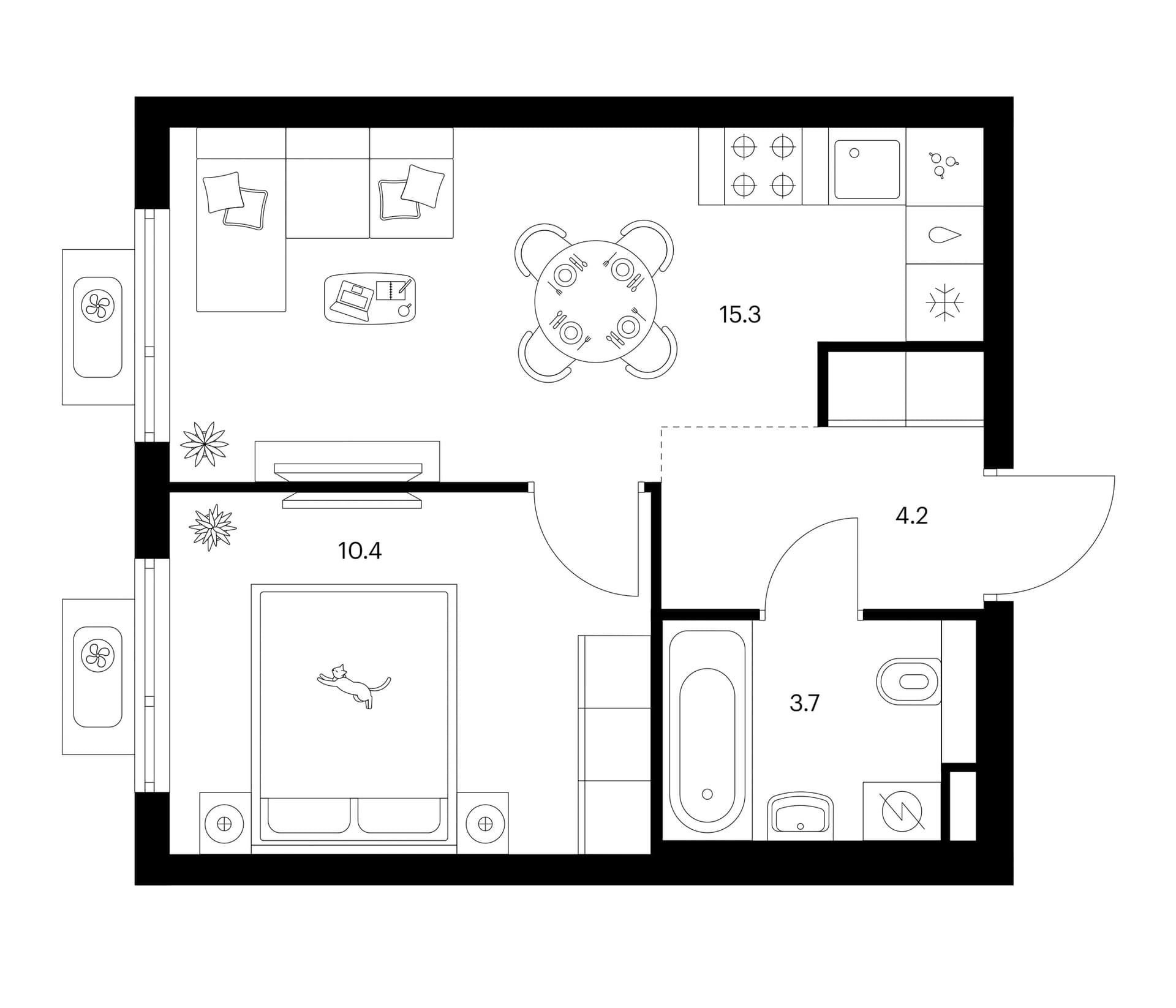 Планировка: 1-комнатная квартира 33,6 м² в ЖК «Белая Дача парк»