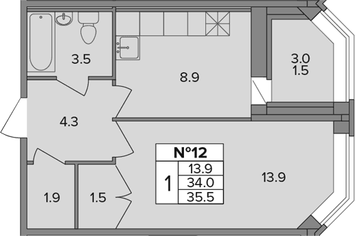 Планировка: 1-комнатная квартира 34 м² в ЖК «Капральский»