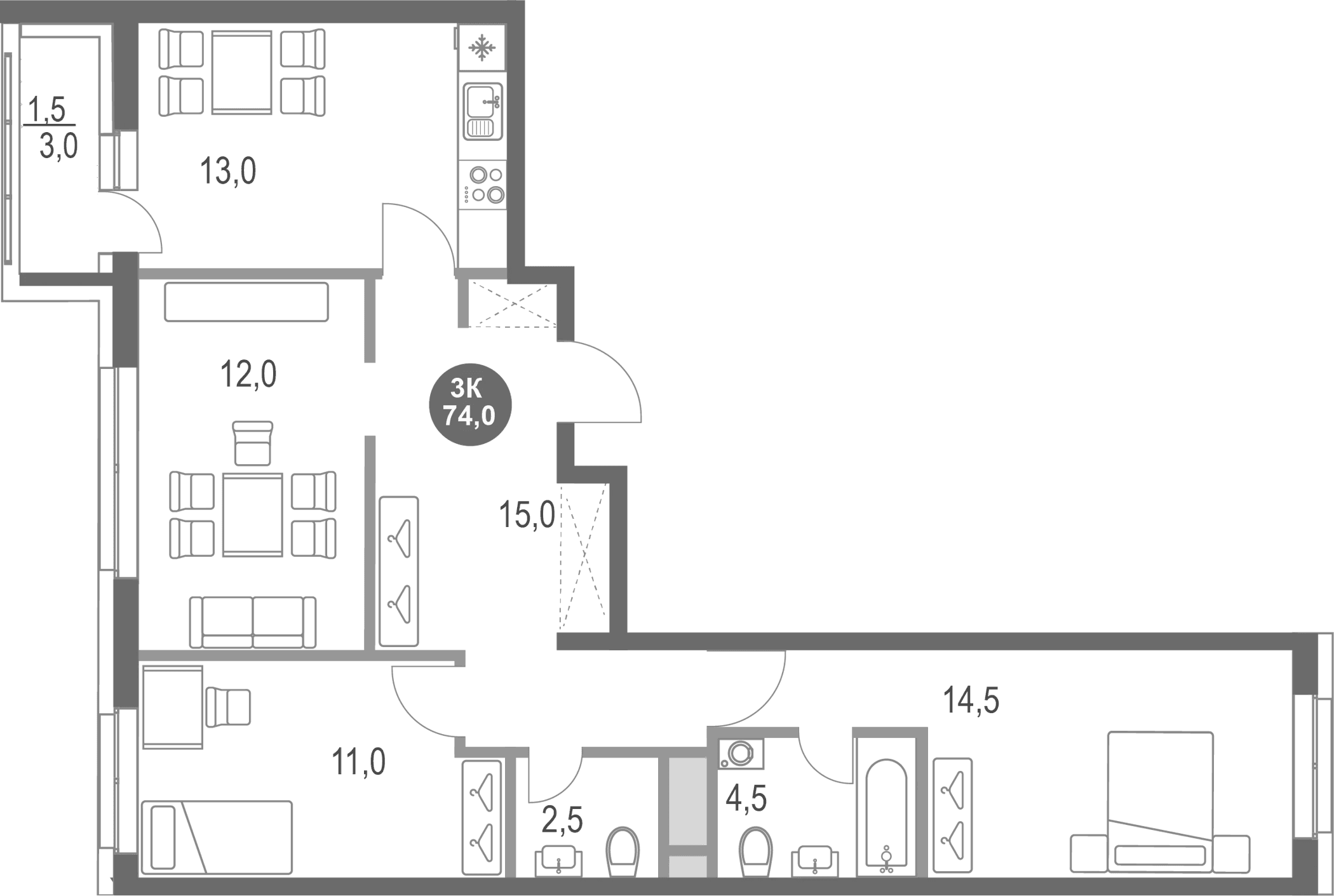 3-комнатная квартира