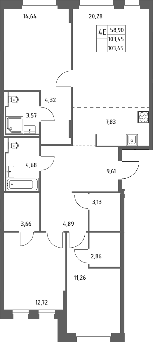Планировка: Квартира евро-4 103,5 м² в ЖК «Заречье Парк»
