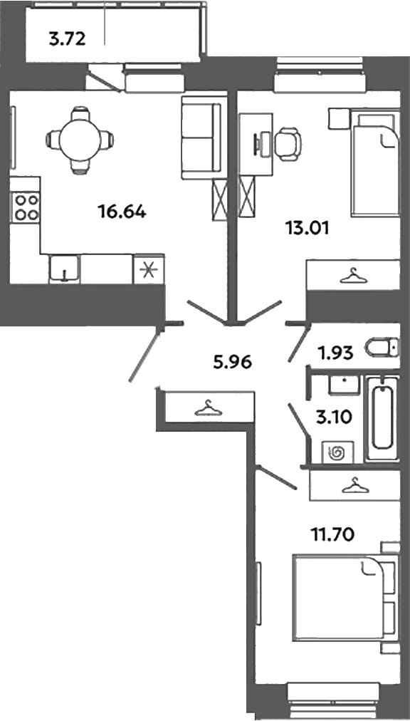 Планировка: Евротрёшка 52,3 м² в ЖК «Загляденье»