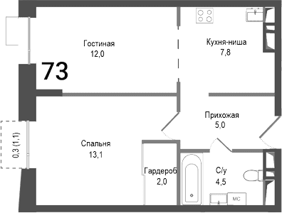 Планировка: Евродвушка 44,4 м² в ЖК «Киноквартал»