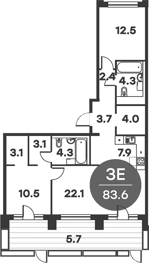 Планировка: Евротрёшка 83,6 м² в ЖК «Равновесие»